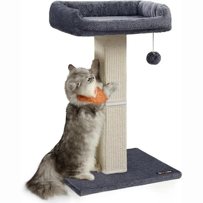 Cat playing with a toy on a dark grey cat tree with a white background