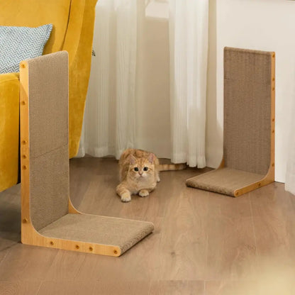 Cat sitting between two wooden cat scratchers on a wooden floor