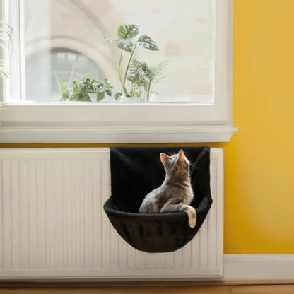 Cat sitting in a black hanging pet bed on a radiator with a window and plants in the background
