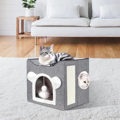 Cat sitting inside a gray pet house with a white interior in a living room