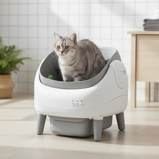 Cat sitting inside a modern pet litter box in a home setting