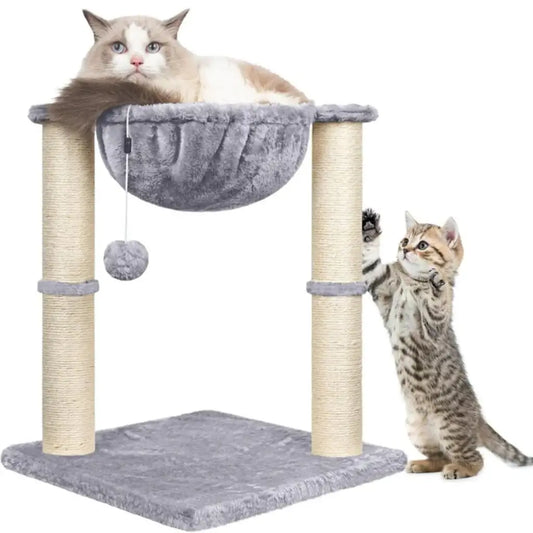 Cat tree with a cat sitting on a platform and another cat climbing, on a white background