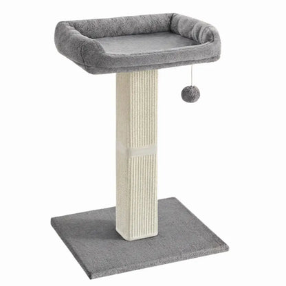 Cat tree with a platform and scratching post on a white background
