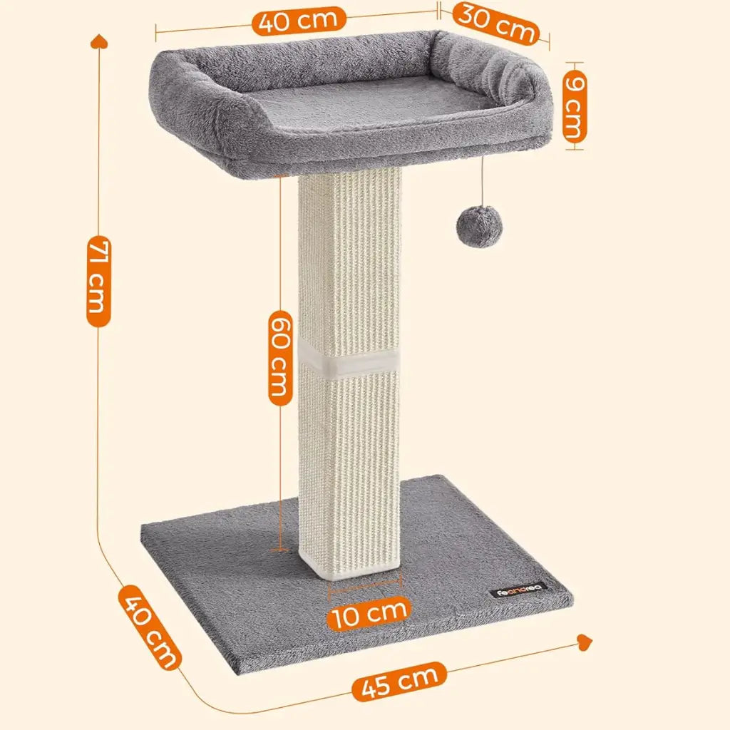Cat tree with dimensions labeled on a beige background
