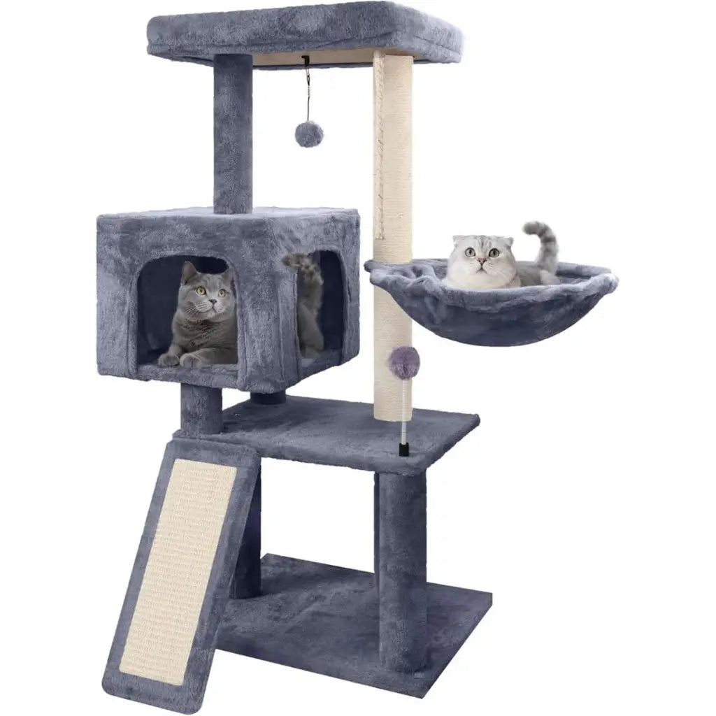 Cat tree with multiple levels and a hammock, featuring two cats on a white background