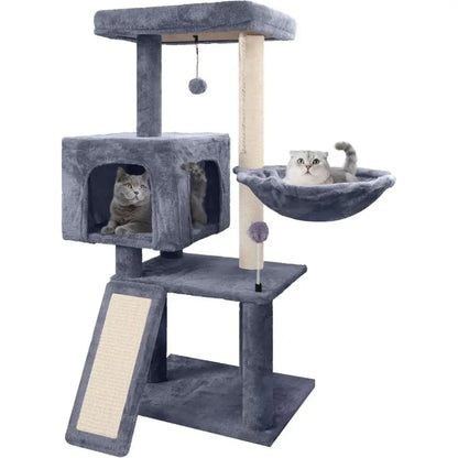 Cat tree with multiple levels and a hammock, featuring two cats on a white background