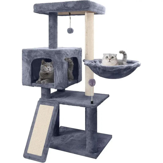 Cat tree with multiple levels and a hammock, featuring two cats on a white background