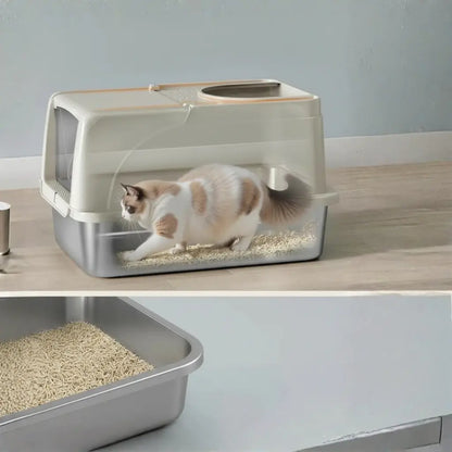 Cat using a modern cat litter box on a wooden surface with a light gray wall in the background