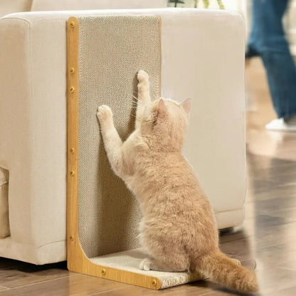 Cat using a scratching post against a beige couch