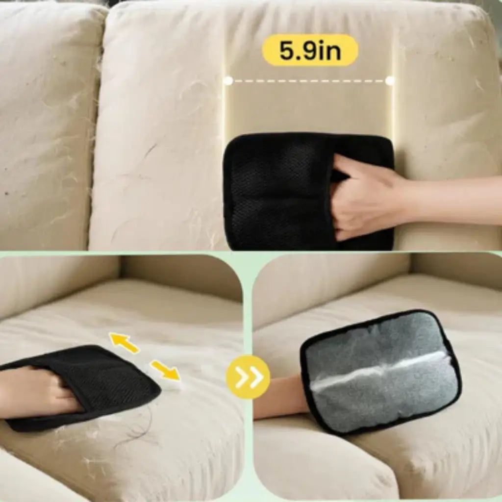 Cleaning a beige sofa with a black cloth, showing the cleaning process and effectiveness