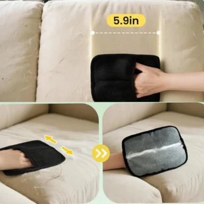 Cleaning a beige sofa with a black cloth, showing the cleaning process and effectiveness