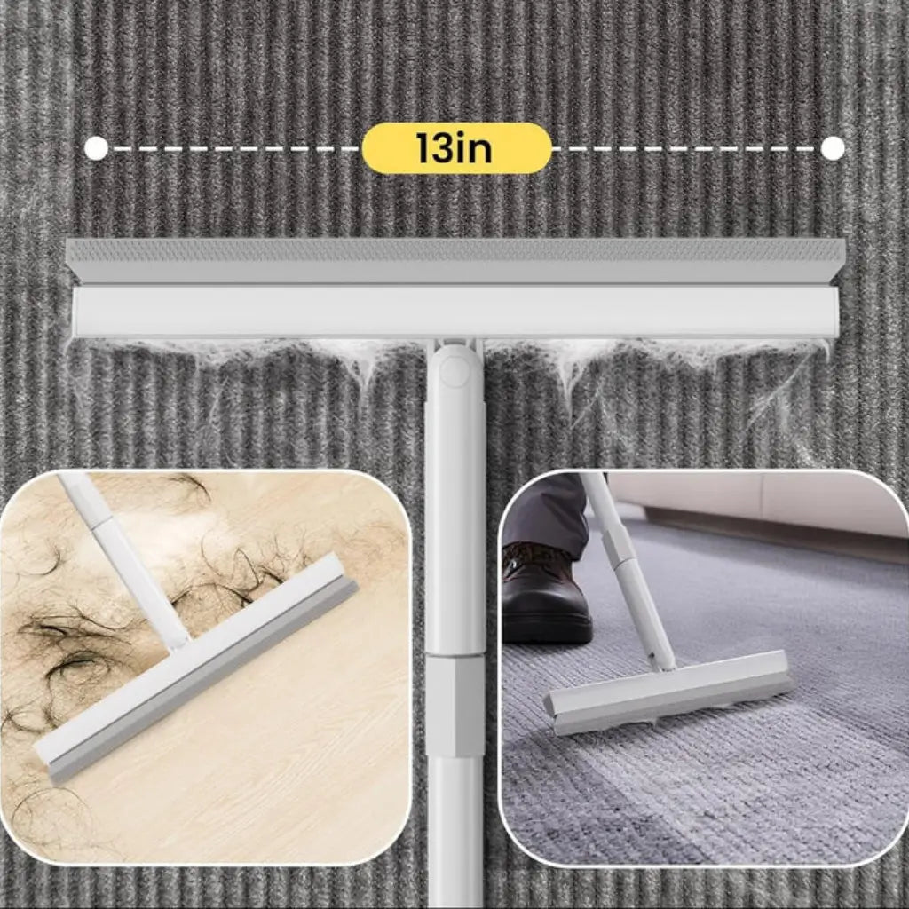 Cleaning tool with squeegee attachment on a textured surface, showing its size and use