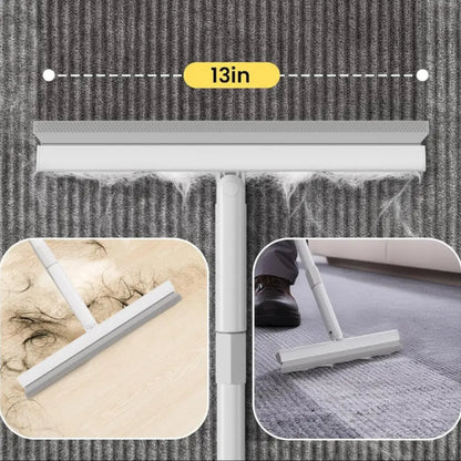 Cleaning tool with squeegee attachment on a textured surface, showing its size and use