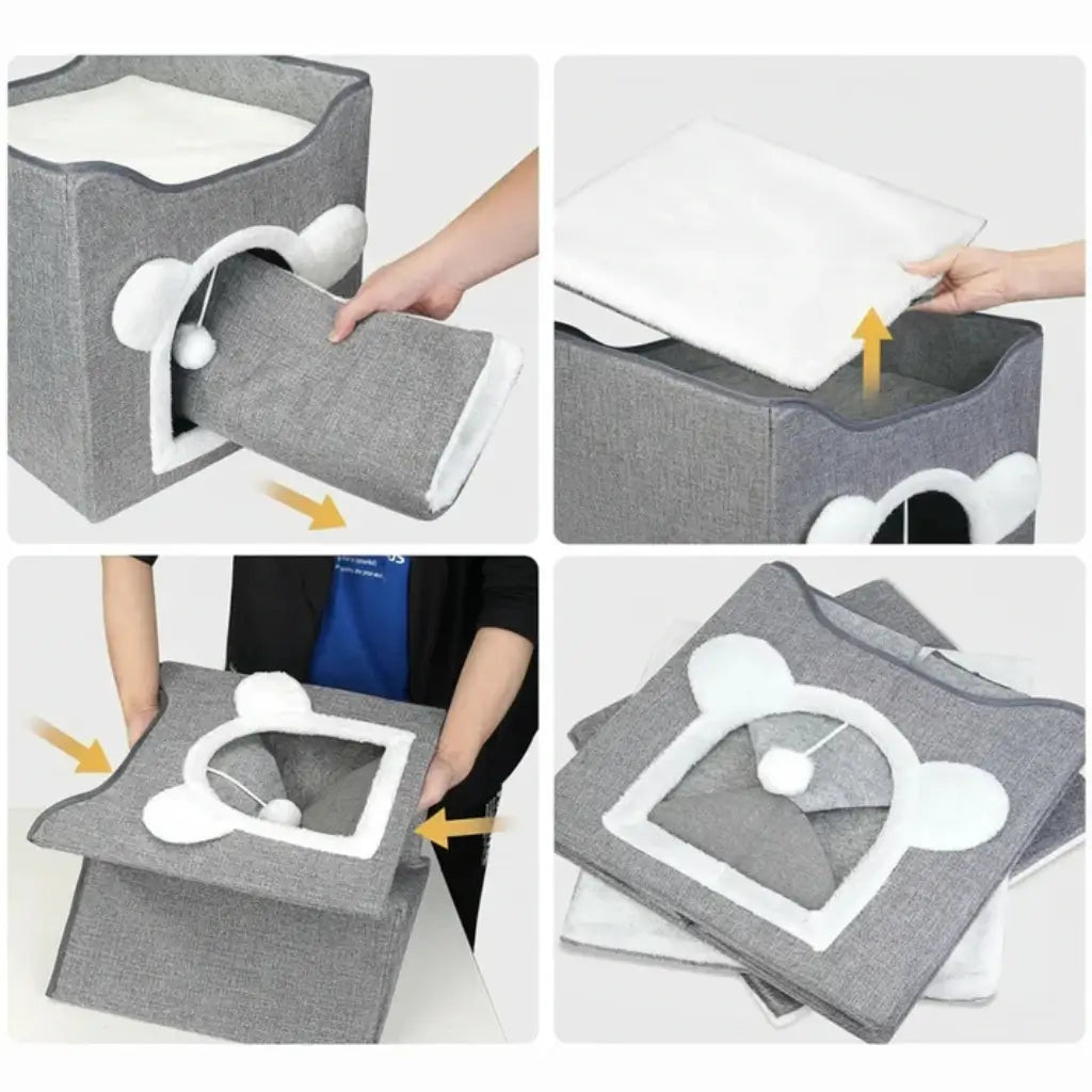 Collage of a gray pet house with a white heart design being assembled