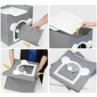 Collage of a gray pet house with a white heart design being assembled