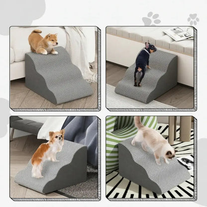 Collage of a pet using a gray wedge-shaped pet ramp in various settings.