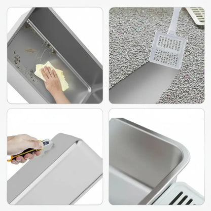Collage of images showing a stainless steel litter box being cleaned with a scrubber and brush