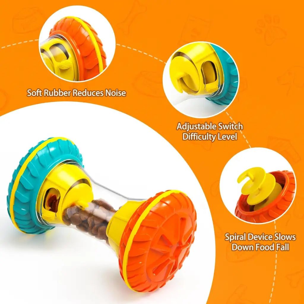 Colorful dumbbell-shaped toy with close-up insets on an orange background