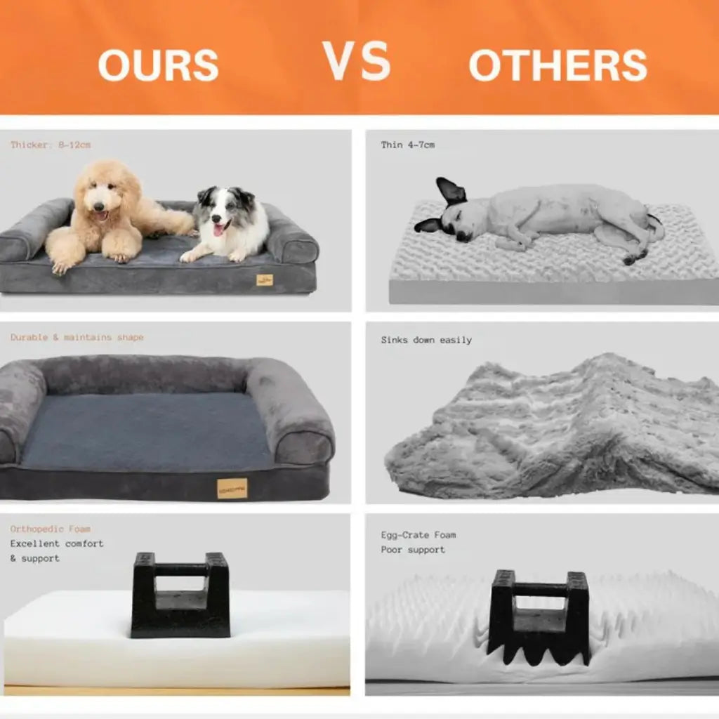 Comparison chart of a pet bed labeled 'Ours' versus 'Others' with text and images.