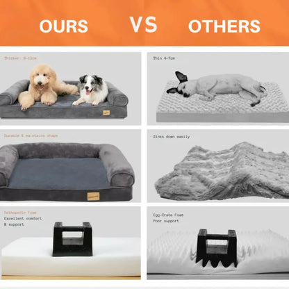 Comparison chart of a pet bed labeled 'Ours' versus 'Others' with text and images.