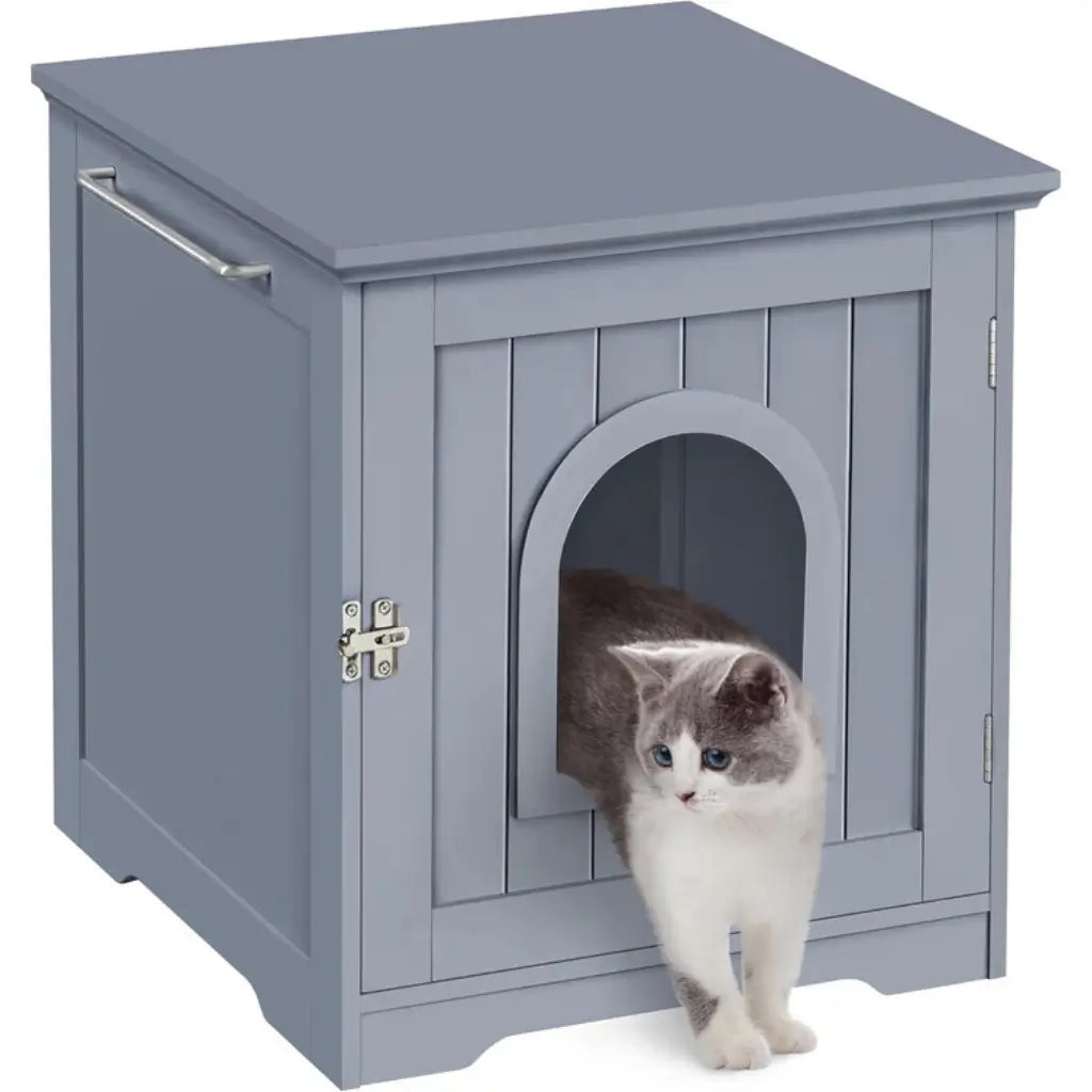 Dark gray wooden cat litter box with a cat peeking out on a white background