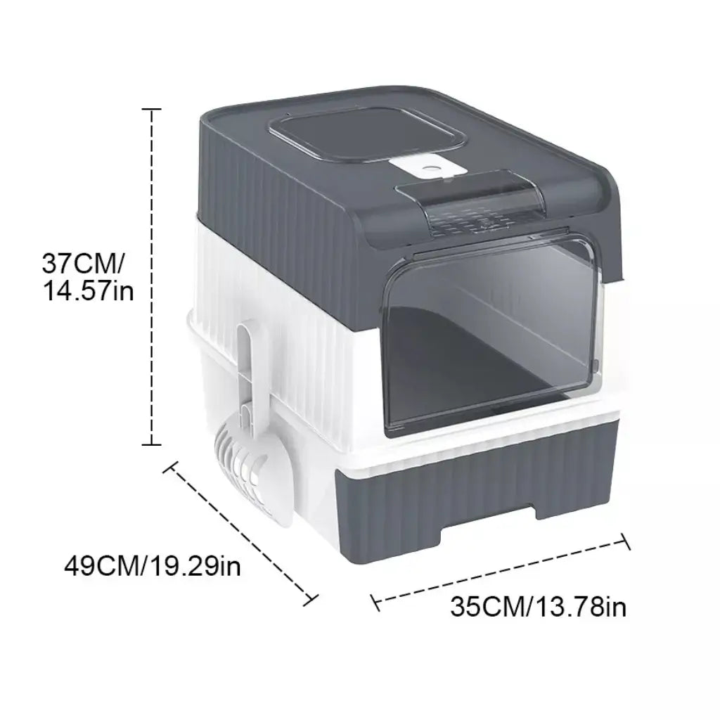 Dimensions of a gray and white cat litter boxwith measurements indicated