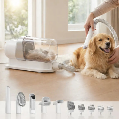 Dog being groomed with a grooming tool on a wooden floor, with additional attachments displayed below