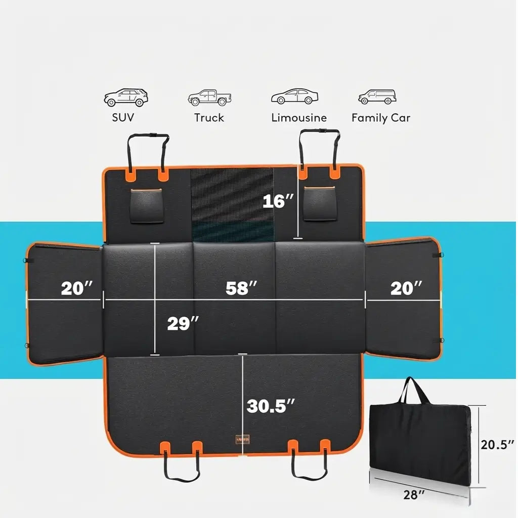 Dog car seat cover with dimensions labeled for different vehicle types on a blue and gray background