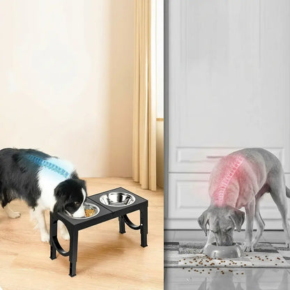 Dog eating from a raised pet feeder with a side view of a dog eating on a flat surface