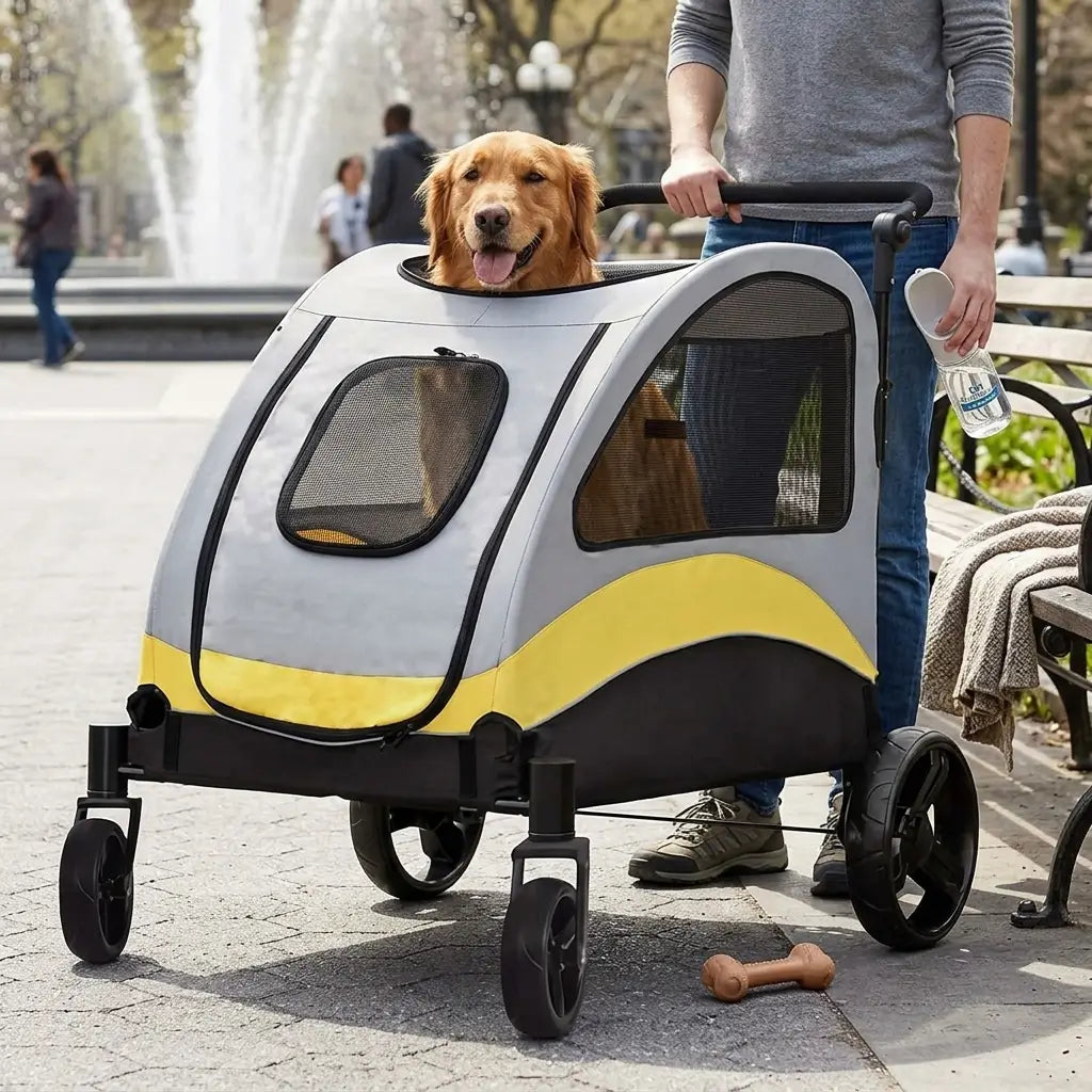 Dog in a pet stroller being pushed by a person in an urban setting with a fountain.