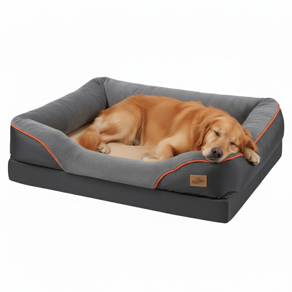 Dog lying on a gray pet bed with orange accents on a white background