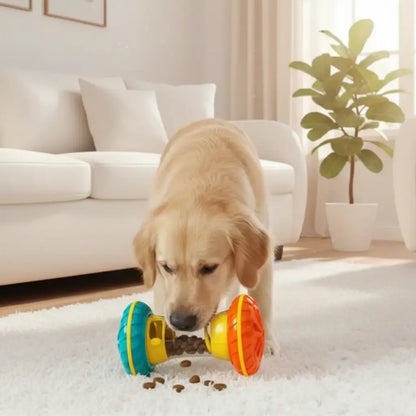 Dog playing with a colorful toy in a living room