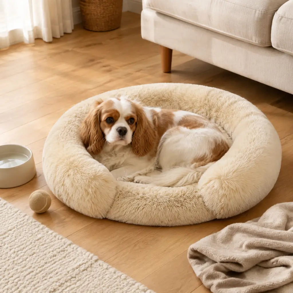 Dog resting calmly in the plush round dog bed with raised bolster