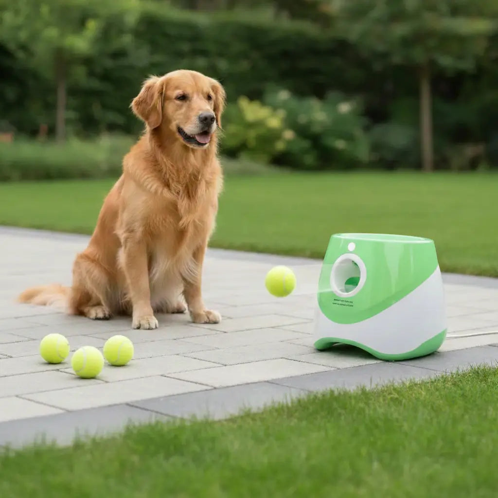 Dog sitting on a patio with a green and white ball launcher and tennis balls in an outdoor setting