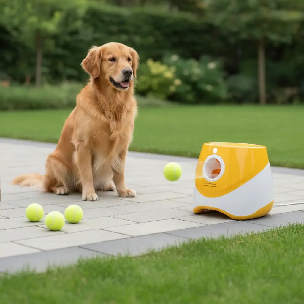 Dog sitting on a patio with tennis balls and a yellow and white ball launcher in a garden setting