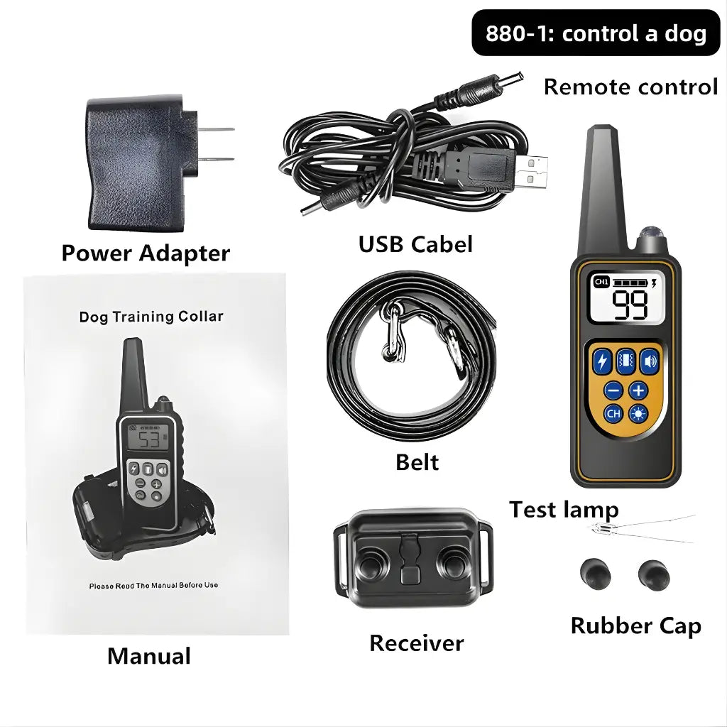 Dog training collar components including power adapter, USB cable, remote control, receiver, belt, test lamp, and rubber cap on a white background