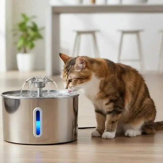 Flower Cat Water Fountain 2.2L – 304 Stainless Steel, LED Light & Triple Filtration