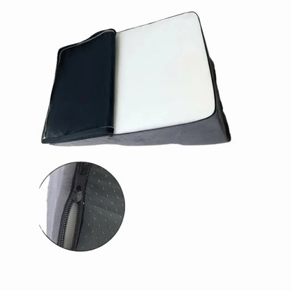Foldable light pet stair with black exterior and white interior, showing close-up of zipper on a white background.