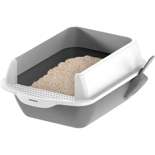 Gray and white cat litter box with sand on a white background