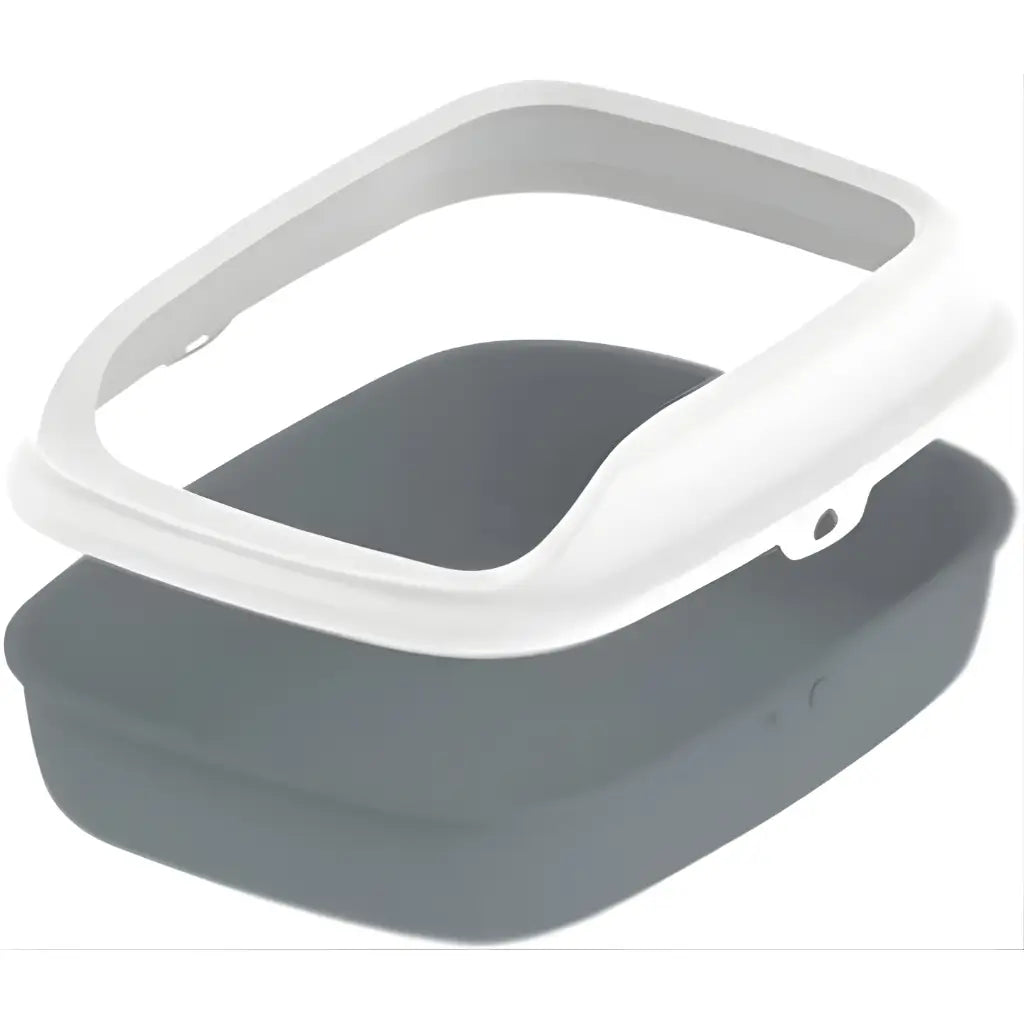 Gray and white litter box disassembled on a white background