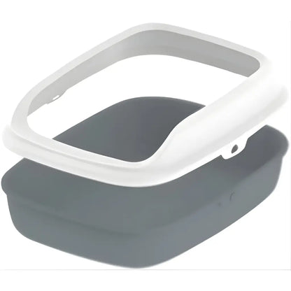 Gray and white litter box disassembled on a white background
