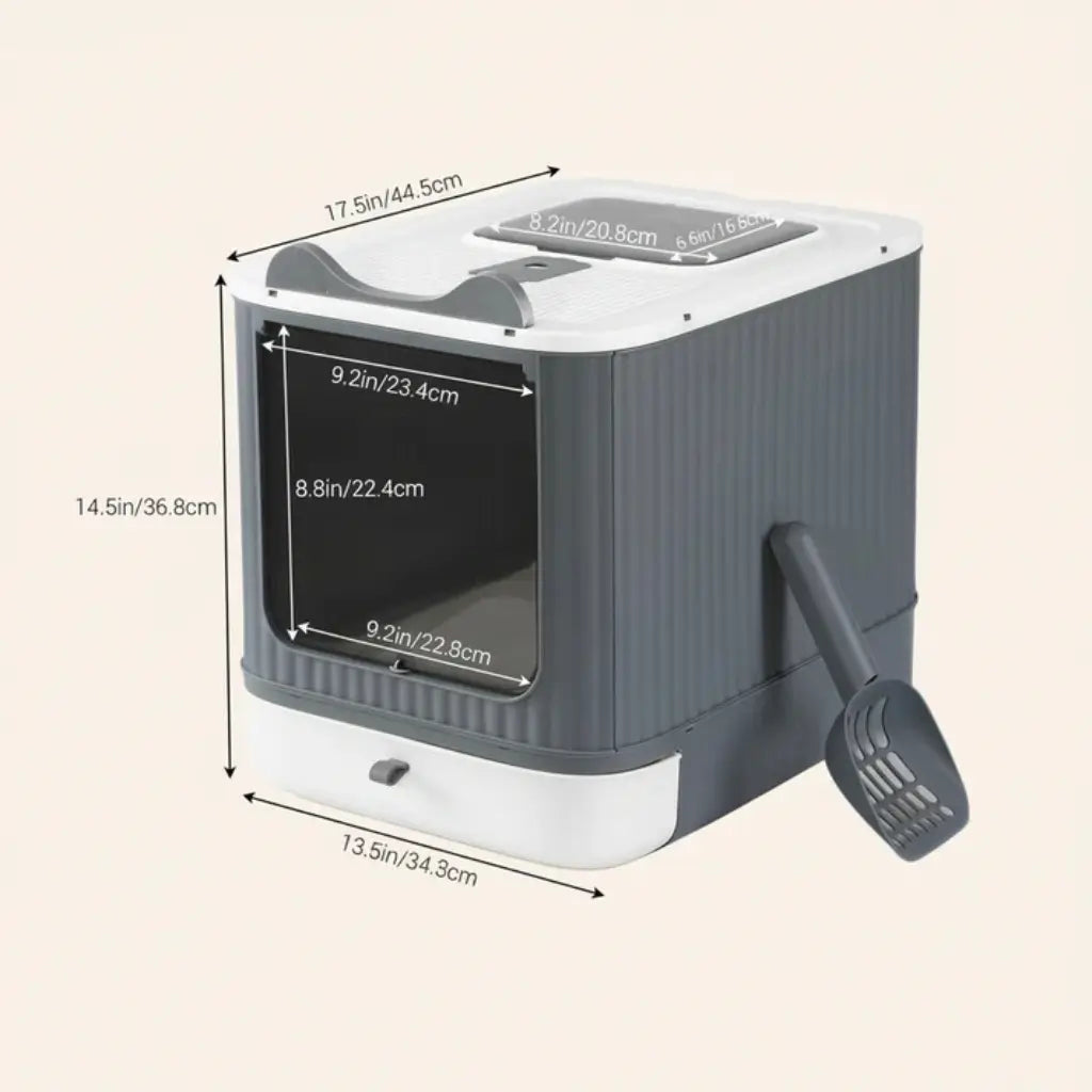 Gray and white pet litter box with dimensions indicated on a beige background