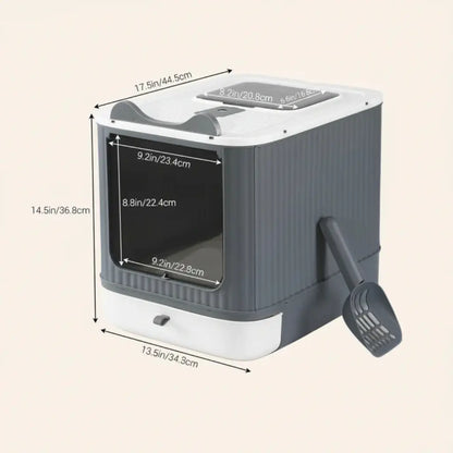Gray and white pet litter box with dimensions indicated on a beige background