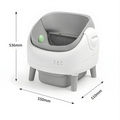 Gray and white pet litter box with dimensions indicated on a white background