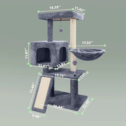 Gray cat tree with dimensions marked on a gray background