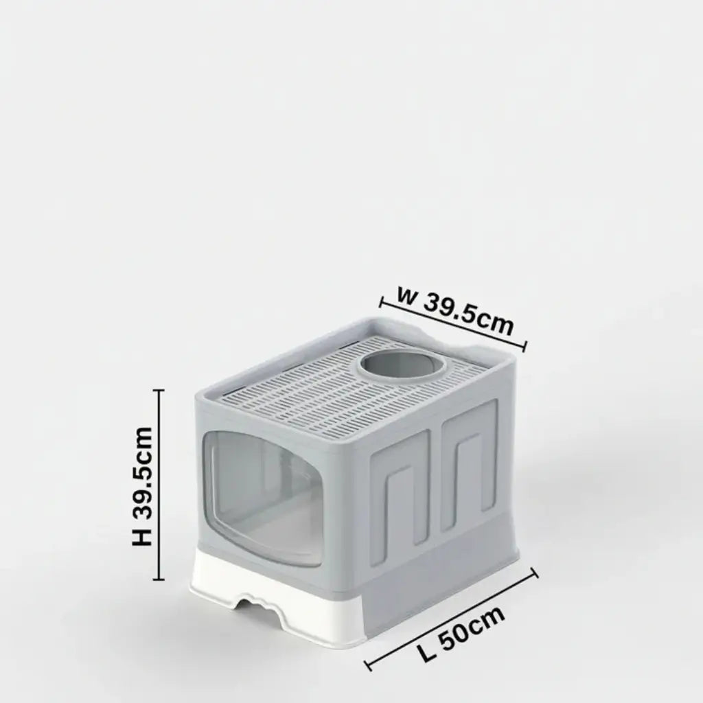 Gray litter box with dimensions labeled on a white background