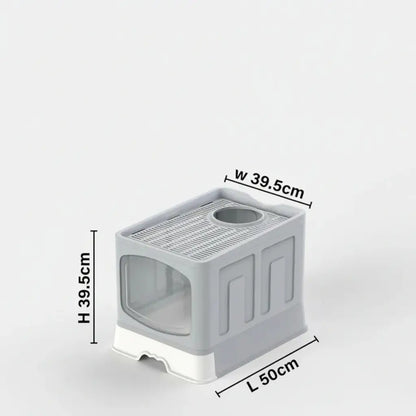 Gray litter box with dimensions labeled on a white background