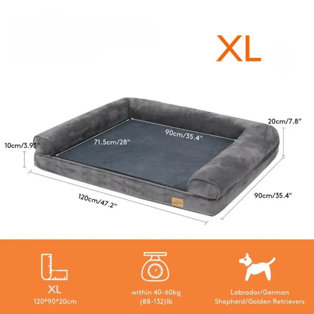 Gray pet bed with dimensions and size information on a white background