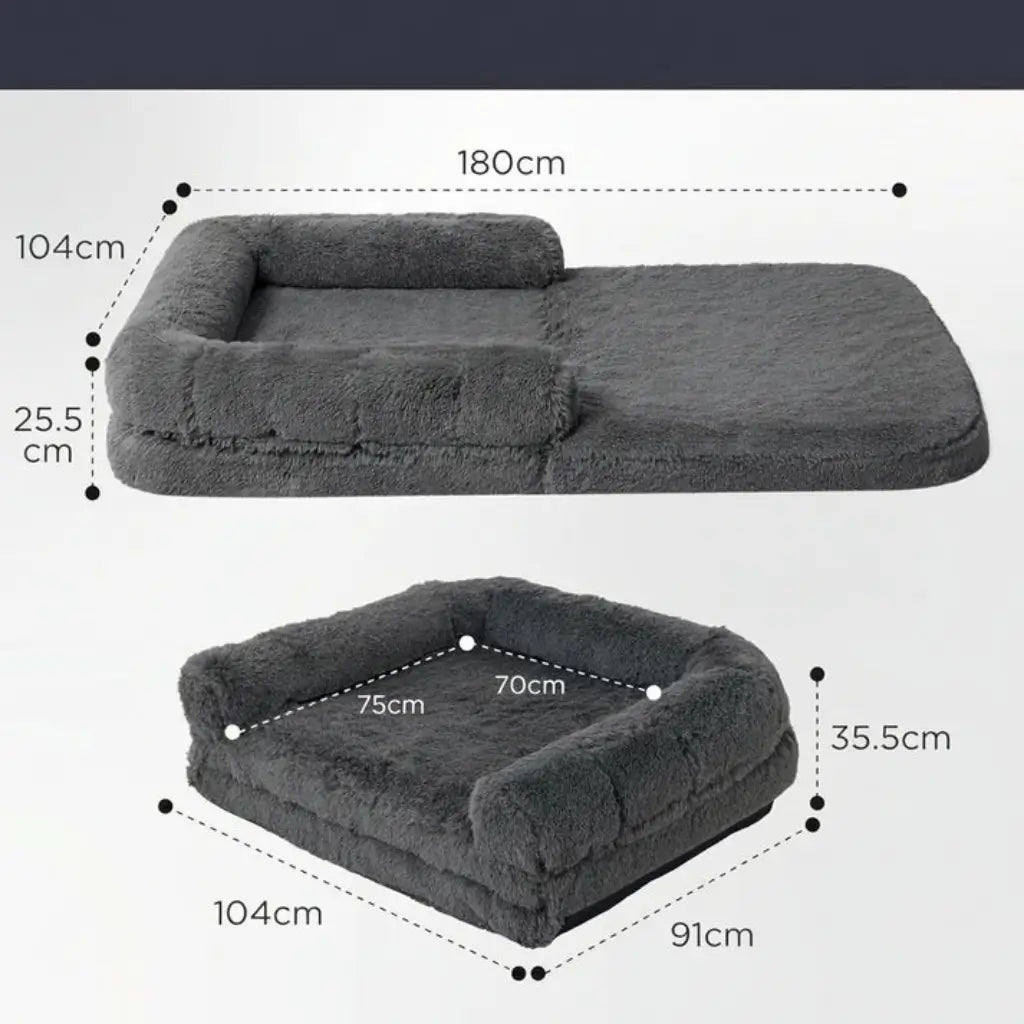 Gray pet bed with dimensions labeled on a white background