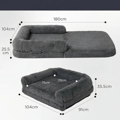 Gray pet bed with dimensions labeled on a white background